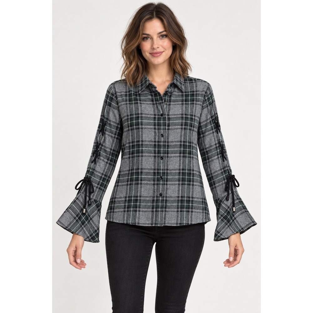 Buffalo David Bitton Plaid Lace Up Bell Sleeve Shirt Grey Green Small NEW